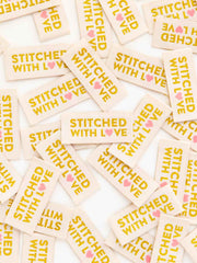 Load image into Gallery viewer, Gold "Stitched With Love" Woven Labels | Pack of 8 | Sarah Hearts