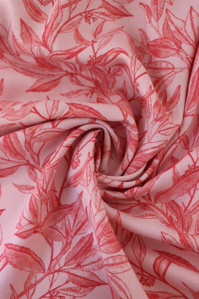 Red Foliage Sketches On Pink Cotton Linen 