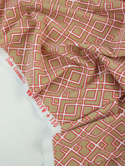 Load image into Gallery viewer, Red Outline Geometric on Tan Nylon Spandex Tricot | Designer Deadstock