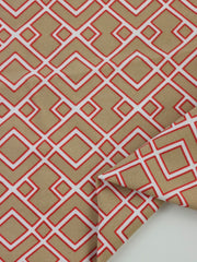 Load image into Gallery viewer, Red Outline Geometric on Tan Nylon Spandex Tricot | Designer Deadstock
