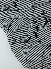 Load image into Gallery viewer, Etched Floral on Black & White Stripe Nylon Spandex Tricot