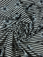 Load image into Gallery viewer, Etched Floral on Black & White Stripe Nylon Spandex Tricot