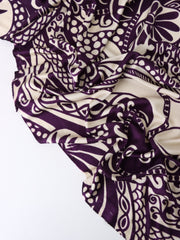 Load image into Gallery viewer, Whimsical Cream Art on Eggplant 100% Silk Jersey