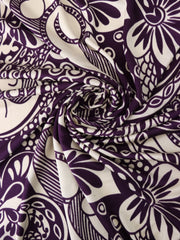 Load image into Gallery viewer, Whimsical Cream Art on Eggplant 100% Silk Jersey