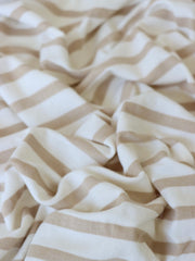 Load image into Gallery viewer, 1/4" Light Taupe & 1/2" Ivory Stripe Rayon Spandex Jersey | Made in USA