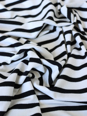Load image into Gallery viewer, 1/4" Black & 1/2" Ivory Stripe Rayon Spandex Jersey | Made in USA