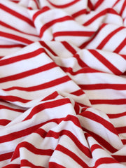 Load image into Gallery viewer, 1/4" Lipstick Red & 1/2" Ivory Stripe Rayon Spandex Jersey | Made in USA