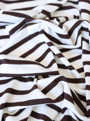 Load image into Gallery viewer, 1/4" Cocoa & 1/2" Ivory Stripe Rayon Spandex Jersey | Made in USA