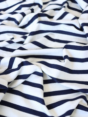 Load image into Gallery viewer, 1/4" Dark Navy & 1/2" Ivory Stripe Rayon Spandex Jersey | Made in USA