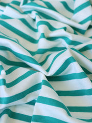 Load image into Gallery viewer, 1/4" Turquoise & 1/2" Ivory Stripe Rayon Spandex Jersey | Made in USA