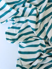 Load image into Gallery viewer, 1/4" Teal & 1/2" Ivory Stripe Rayon Spandex Jersey | Made in USA