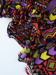 Load image into Gallery viewer, 1YD PRECUT; Summer Camp Geometric (Purple/Red/Yellow) Poly Rayon Jersey