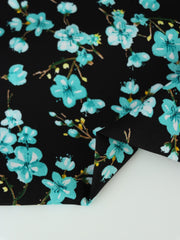 Load image into Gallery viewer, Aqua Plumerias on Black Rayon Challis