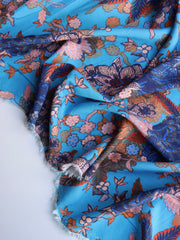 Load image into Gallery viewer, Orange & Peach Floral on Blue Rayon Challis | Designer Deadstock