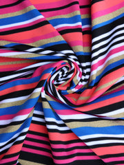 Load image into Gallery viewer, Blue/Fuchsia/Coral/Gold Striped Poly Spandex | Designer Deadstock