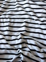 Load image into Gallery viewer, 1YD 30IN Black Stripe on Ivory Rayon Spandex Jersey | Kayla's Destash