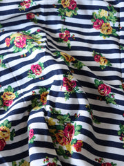 Load image into Gallery viewer, 1YD 19IN Floral on Navy Stripe Rayon Challis | Kayla's Destash