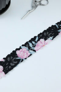 Pink Floral on Black 1.5" Wide Stretch Lace