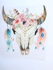 Load image into Gallery viewer, Large Feathers & Flowers Boho Skull Heat Transfer, Iron-On