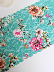 Load image into Gallery viewer, Magenta & Copper Floral On Seafoam 10.75" Wide Stretch Lace