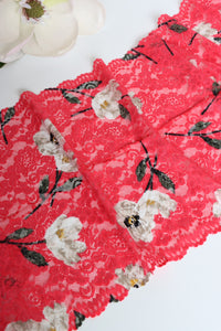 Beige Floral on Red 10.75" Wide Stretch Lace