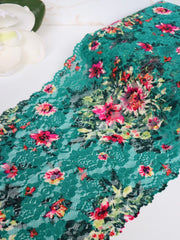 Load image into Gallery viewer, Magenta Floral on Teal 11" Wide Stretch Lace