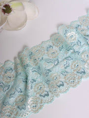 Load image into Gallery viewer, 29IN REMNANT; Blue & Beige Floral 7" Wide Stretch Lace