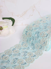 Load image into Gallery viewer, 29IN REMNANT; Blue & Beige Floral 7" Wide Stretch Lace
