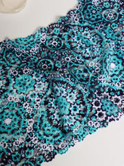 Load image into Gallery viewer, 25IN REMNANT; Navy/Teal/White Mandalas 11.25" Wide Stretch Lace