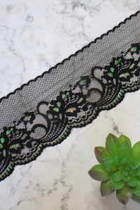 Black Shimmer 4" Wide Embroidered Tulle Lace Trim