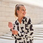 Load image into Gallery viewer, Black Geometric Blocks on Ivory Rayon Viscose | Atelier Jupe | By The Half Yard
