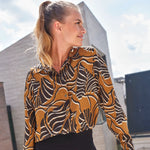 Load image into Gallery viewer, Black Leaves on Pecan Rayon Viscose | Atelier Jupe | By The Half Yard
