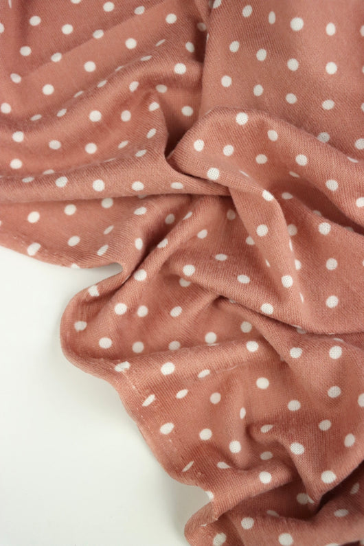 Polka Dots on Mauve  Brushed Hacci Sweater Knit