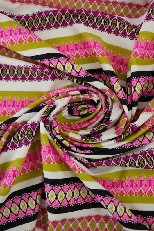 1YD PRECUT; Pink & Pear Funky Horizontal Stripe Nylon Spandex Tricot | Designer Deadstock