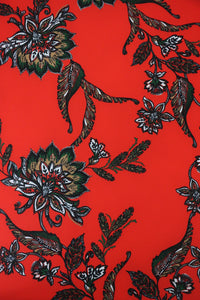 1YD PRECUT; Fanned Floral on Red Nylon Spandex Tricot | Designer Deadstock