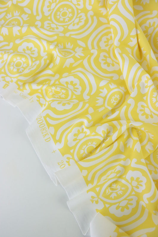 1YD PRECUT; White Floral on Light Yellow Matte Nylon Spandex Tricot | Designer Deadstock