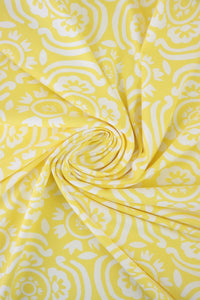 1YD PRECUT; White Floral on Light Yellow Matte Nylon Spandex Tricot | Designer Deadstock
