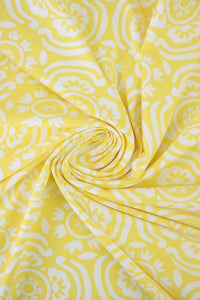 White Floral on Light Yellow Matte Nylon Spandex Tricot | Designer Deadstock