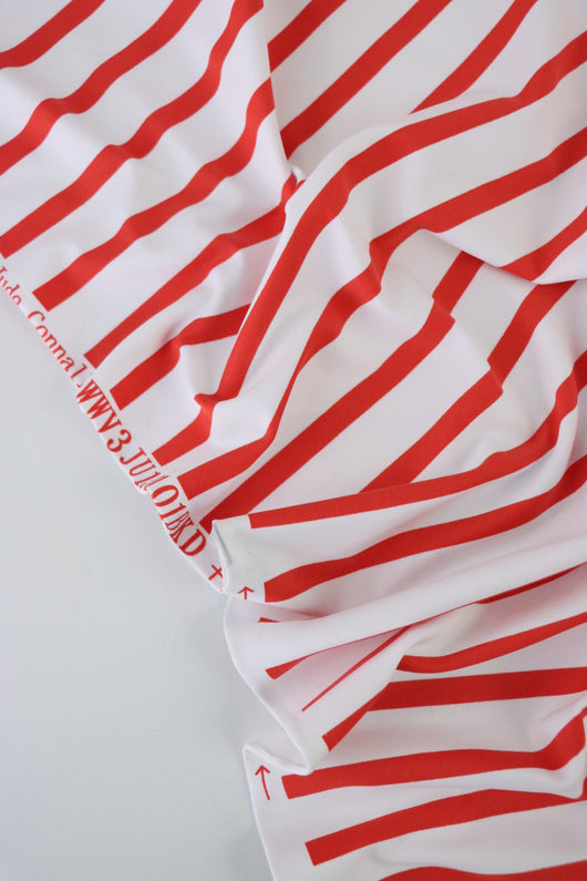 1YD PRECUT; Tomato & White Stripe Matte Nylon Spandex Tricot | Designer Deadstock