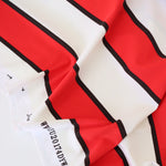 Load image into Gallery viewer, 1YD PRECUT; Ivory/Red/Black Wide Vertical Stripe Nylon Spandex Tricot | Designer Deadstock
