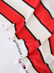 Load image into Gallery viewer, 1YD PRECUT; Ivory/Red/Black Wide Vertical Stripe Nylon Spandex Tricot | Designer Deadstock
