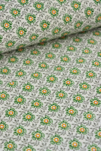 Dainty Green Flowers on Ivory Cotton Linen