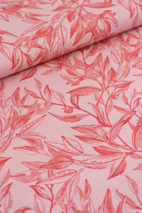 29IN REMNANT; Red Foliage Sketches on Pink Cotton Linen