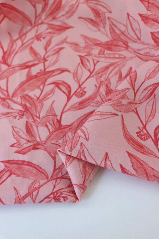 Red Foliage Sketches on Pink Cotton Linen