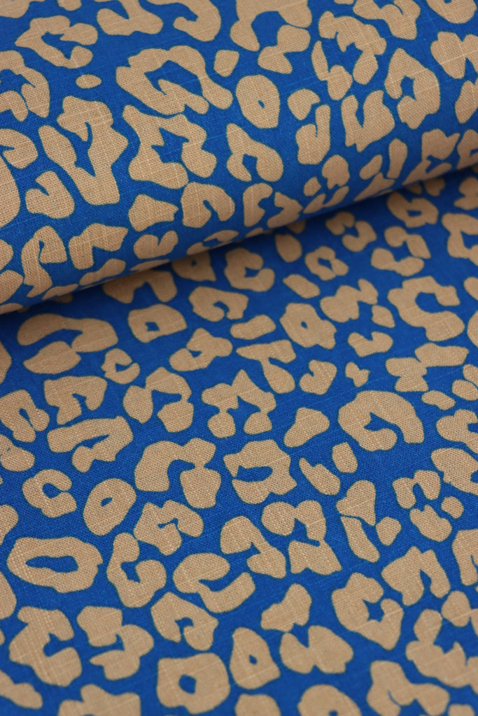 Beige Cheetah on Saphire Cotton Linen | Surge Fabric Shop