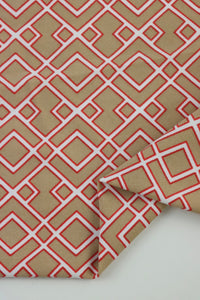 Red Outline Geometric on Tan Nylon Spandex Tricot | Designer Deadstock