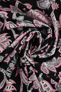 Pink Flora Paisley on Black Nylon Spandex Tricot | Designer Deadstock