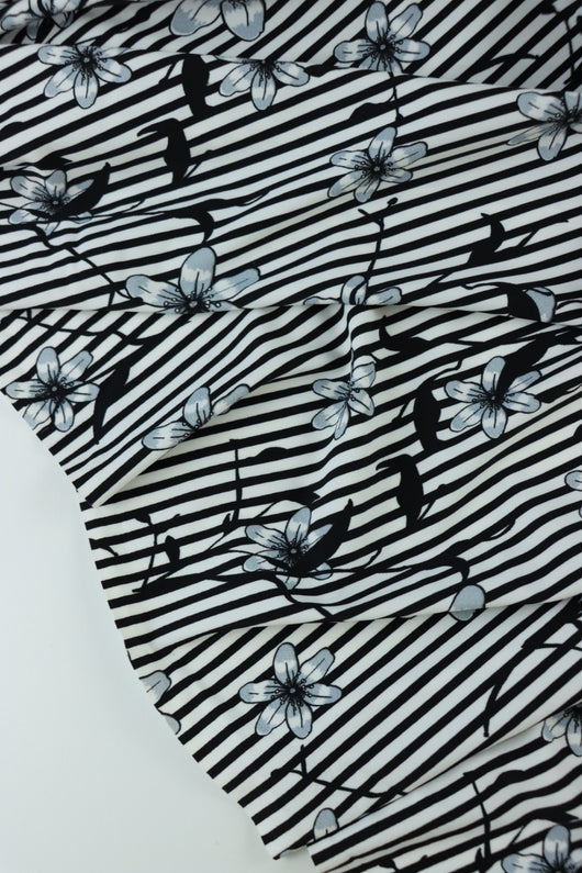 Etched Floral on Black & White Stripe Nylon Spandex Tricot