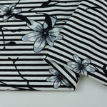 Load image into Gallery viewer, Etched Floral on Black &amp; White Stripe Nylon Spandex Tricot
