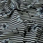 Load image into Gallery viewer, Etched Floral on Black &amp; White Stripe Nylon Spandex Tricot
